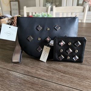 Fossil Black Crossbody Bag with Geometric Studs